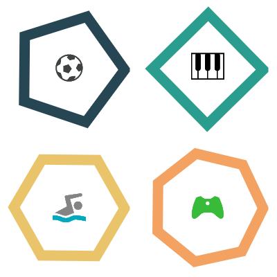 Top left: 5 sided shape with a football emoji in the centre
Top right: 4 sided shape with a piano emoji in the centre
Bottom left: 6 sided shape with a swimming emoji in the centre
Bottom right: 7 sided shape with a gaming emoji in the centre