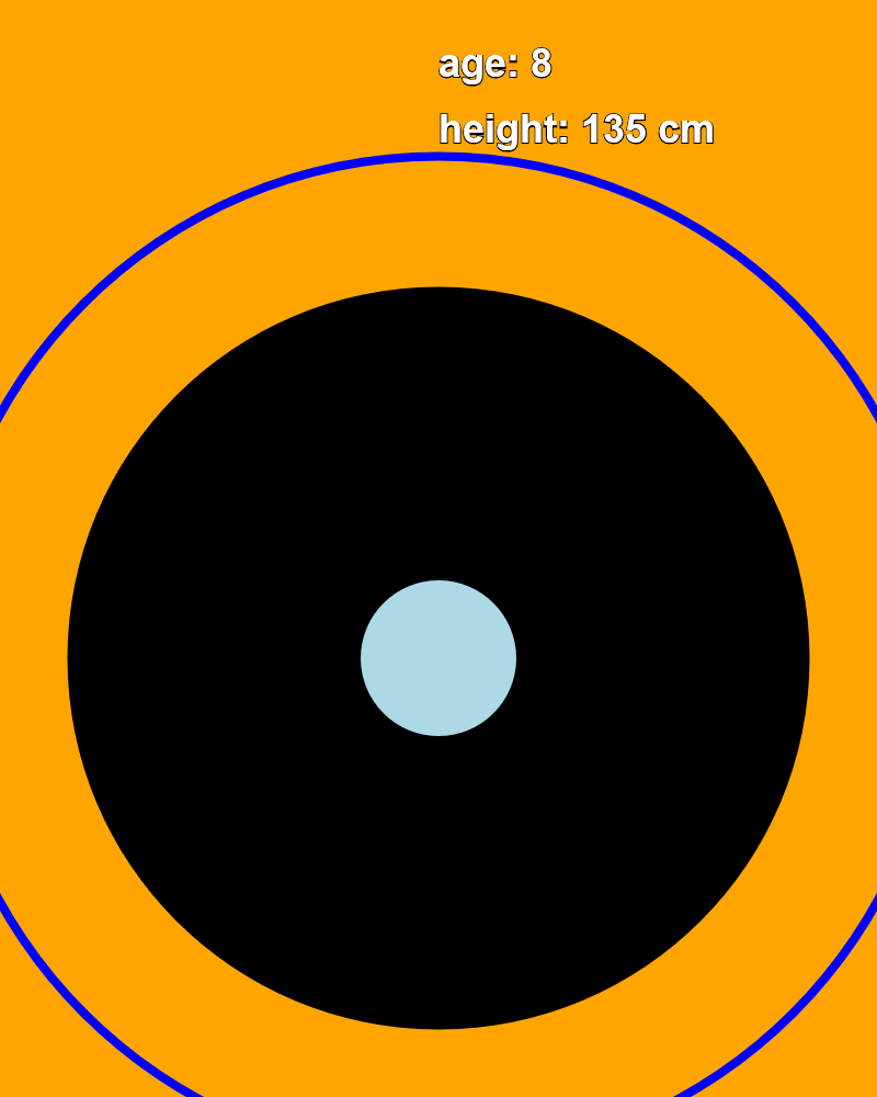 Coding selfie graphic. The background is orange. There is a blue think circle and thick back circle with a light blue circle in the centre.