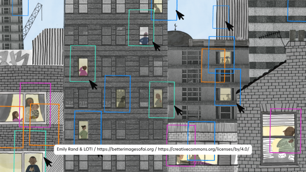 Building blocks are overlayed with digital squares that highlight people living their day-to-day lives through windows. Some of the squares are accompanied by cursors.