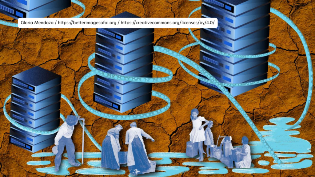 Cooling pipes hug data servers, extracting water from a shared reservoir while people collect water from the same source, set against a background of eroded soil textures.