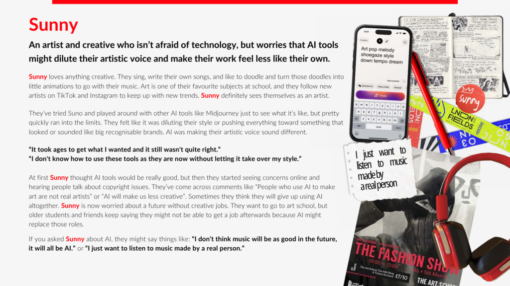 The persona of Sunny and artist and creative who isn't afraid of technology, but worries that AI tools might dilute their artistic voice and make their work feel less like their own.